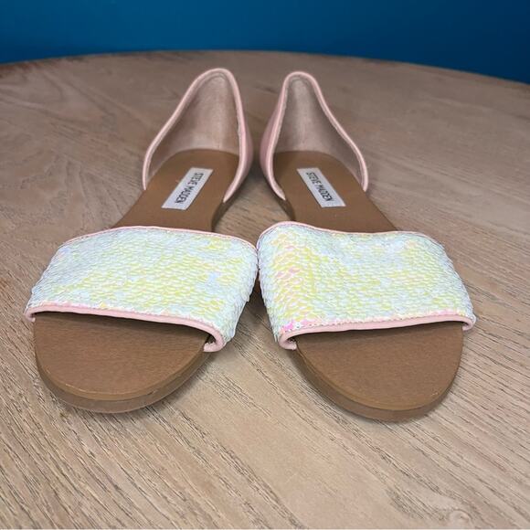 Steve Madden Sidestep Mermaid Sequin Sandal Flat Open Toe Shoe Pink Size 8.5 - Picture 7 of 9